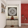 Contemporary Pooja Room Design With Jaali Wooden Frame And Beige Units - Livspace