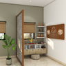 Semi-Open Pooja Room Design With Beige And Wooden Accents With Closed And Open Units - Livspace