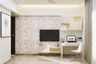 TV Unit Design With Beige Patterned Wallpaper - Livspace