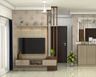 Modern TV Unit Design With Beige Damask Wallpaper - Livspace