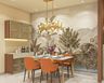 10x9 Ft 4-Seater Marble Dining Room Design With Orange Chairs And Tropical Wallpaper - Livspace