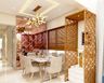 10x9 6-Seater White And Beige Dining Room Design With Mirrored Panel Wall And Pooja Unit - Livspace
