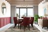 13x11 Ft Classic Wooden Dining Room Design For Six With Brick Red Upholstered Chairs - Livspace