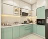 10x9 Ft L-Shape Modular Kitchen Design With Aqua Green And Frosty White Cabinets - Livspace
