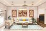 14x13 Ft  Living Room Design With Cream Three Seater Upholstered Sofa And Madhubani Painting - Livspace