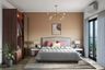 13x13 Ft Master Bedroom Design With Beige Upholstered Bed And Light Brown Wall Paint - Livspace