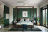 16x15 Ft Dark Green And White Master Bedroom Design With 4-Poster Wooden Bed - Livspace