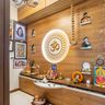 7x4 Ft  Walnut Bronze Pooja Unit Design With Designer Backdrop - Livspace