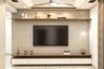 11x11 Ft Contemporary Persian Walnut and Frosty White TV Unit Design with Wall-Mounted Cabinet - Livspace