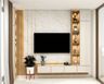 10x10 Ft Contemporary Frosty White TV Unit Design with Glossy Finish and Tahiti Samoa Teak Accents - Livspace