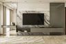 14x12 Ft Contemporary Dove Grey TV Unit Design with Wall-Mounted Cabinet and Open Storage - Livspace