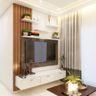 9x9 Ft Modern Frosty White TV Unit Design with Wall-Mounted Cabinet and Open Wall Rack - Livspace
