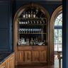 Home bar design with drawers and open shelves
