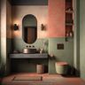 Bathroom with terracotta and sage green walls, oval mirror, and modern lighting