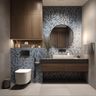 Bathroom with blue mosaic tiles, round mirror, wooden vanity, and ambient lighting