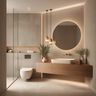Beige bathroom with backlit mirror, wooden vanity, and pendant lights