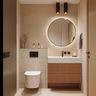 Beige and White Tiles Bathroom Design with Wall-Hung Vanity and LED Mirror