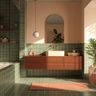 Sage Green Bathroom Design with Double Floating Vanity and Oval Mirror