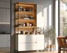 Minimal Off White and Oak Wood Crockery Unit Design with Open LED Display