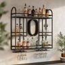 Metal Frame Home Bar Design with Open Bottle Shelving and Hanging Wine Racks