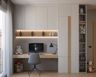 White, Grey & Wood Home Office Design with Floating Desk and Built-In Cabinets