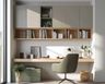Wood, Beige, Grey and Green Home Office Design with Wooden Desk and Open Shelving