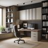 Beige, Grey and Wood L-Shaped Home Office Design with Fluted Wall and Window Seating