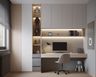Grey, Wood and White Home Office Design with Vertical Shelving and Vertical Shelving