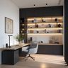 Wood and Grey Home Office Design with L-Shaped Desk and Black Cabinets