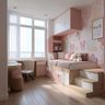 Pastel Pink Kids Bedroom Design With Cartoon Wallpaper, Storage Bed And Study Desk