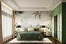 Master Bedroom Design with Tufted Bed, Green Wardrobe and Tropical Motifs