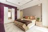 Master Bedroom Design with Beige Headboard Bed, Plum Wardrobe and Textured Walls