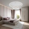 Master Bedroom Design with Armchairs, Curved Wardrobe and Pastel Stripes