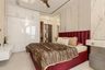 Master Bedroom Design with Velvet Headboard Bed, Floating White Consoles and Wardrobe