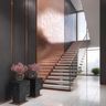 Straight Staircase Design in White Marble with Copper Railings and Glass Balustrades