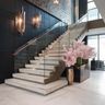 Straight Staircase Design Blending Wood, Metal and Glass Elements