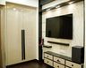 Beige and Wood TV Unit Design with Vertical Fluted Panels