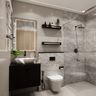 Black Marble Bathroom Design with Illuminated Border Rectangular Mirror