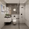 Terrazzo Bathroom Design with Dark Gray Illuminated Feature Wall