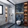 Ocean Blue Bathroom Design with Illuminated Wooden Shelving Unit