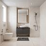 Off White Bathroom Design with Wooden Frame Lighted Mirror