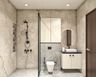 Bathroom Design with Granite Vanity and Round Mirror