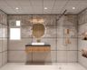 Bathroom Design with Taupe Palm Mural and Gold Fixtures