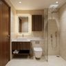 Bathroom Design with Cream Travertine Tiles and Backlit Mirror