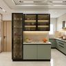 Blue Crockery Unit Featuring Tall Glass Cabinet And Serving Counter