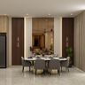 Dining Room Design with Oval Marble Table and Mirror Wall