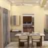Dining Room with Marble Table, Fluted Wood Pedestal and Cream Chairs