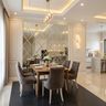 Dining Room with Tufted Velvet Chairs, Wooden Table and Mirrored Wall