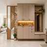 Light Beige Foyer Design with Glass Partition Screen and Integrated Bench