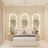 Cream Guest Bedroom Design with Winged Headboard and Nightstands